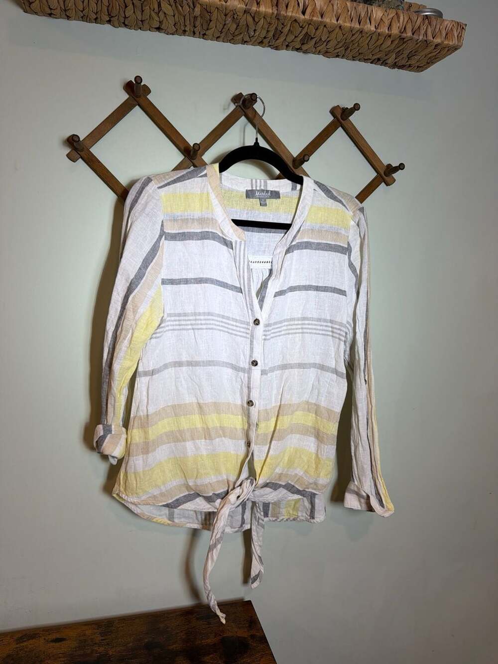 Marled Essentials Linen Blend Striped Tie-Front Long Sleeve Blouse Size S